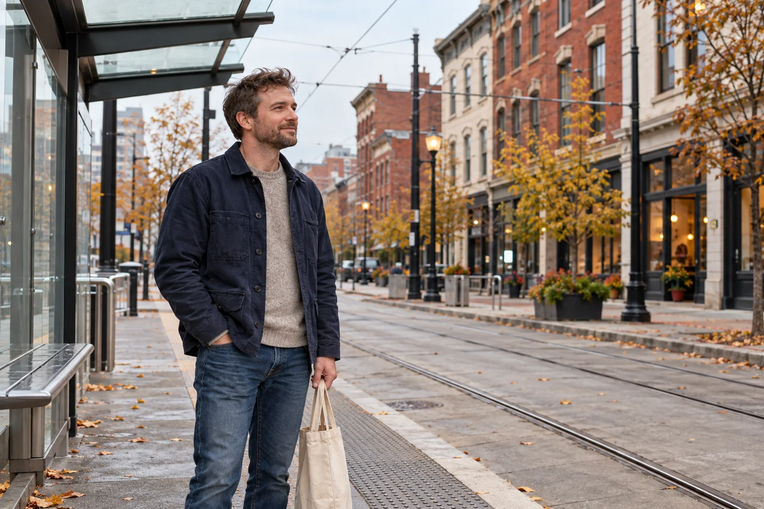 An adult waiting with a canvas bag at a streetcar shelter in an autumn Cincinnati-style streetscape