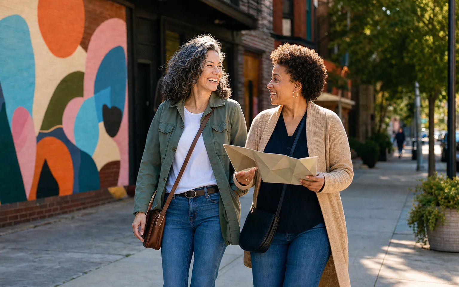 Two women enjoying a public art walk in a Cincinnati neighborhood