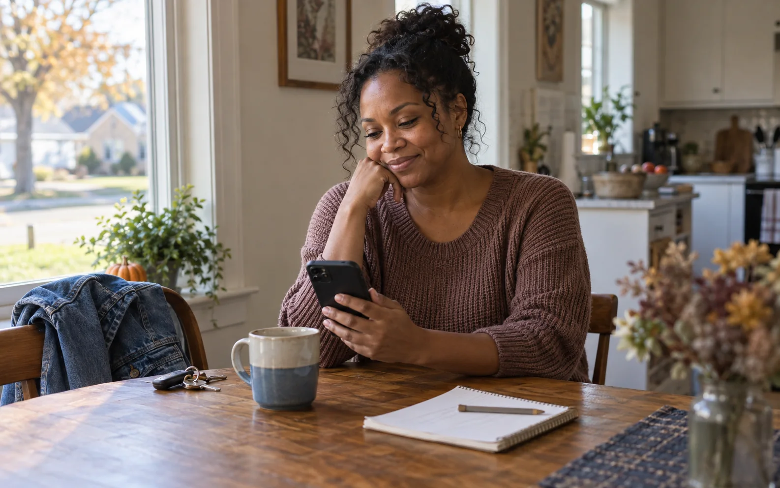 An adult woman at her kitchen table with coffee, a phone, and a notebook, feeling ready to date again