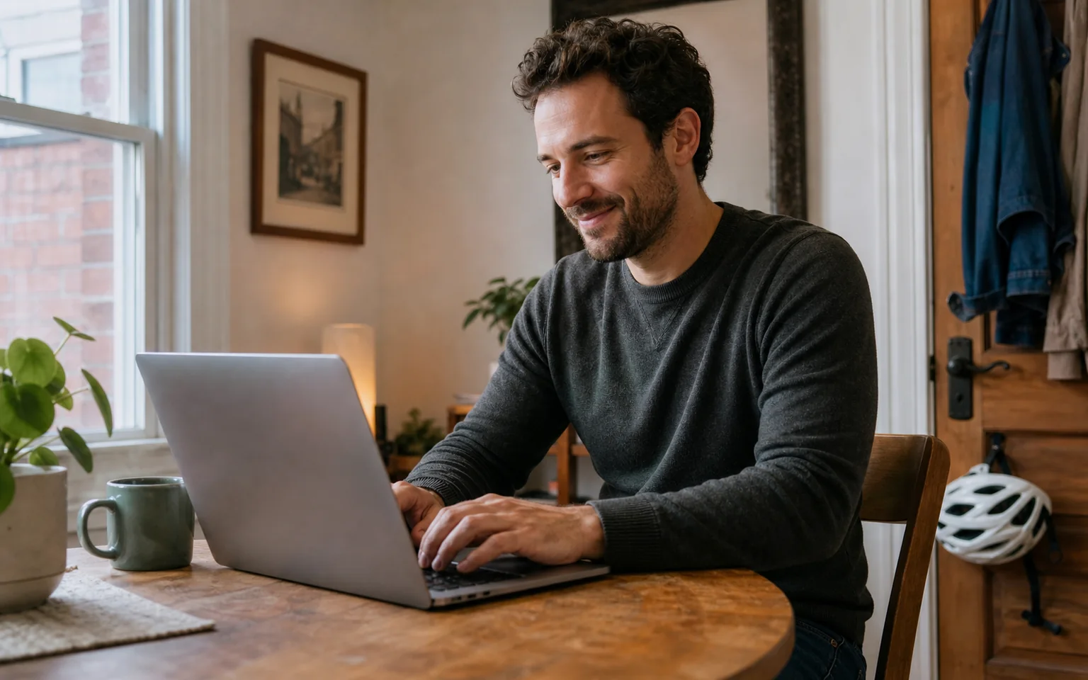An adult writing a dating profile at a comfortable dining table