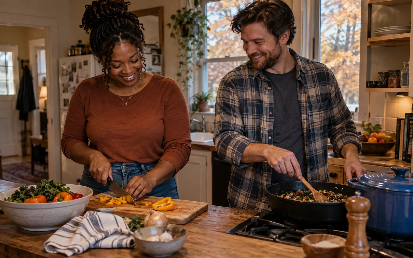 Two adults laughing while cooking a weeknight dinner together in a lived-in Ohio kitchen