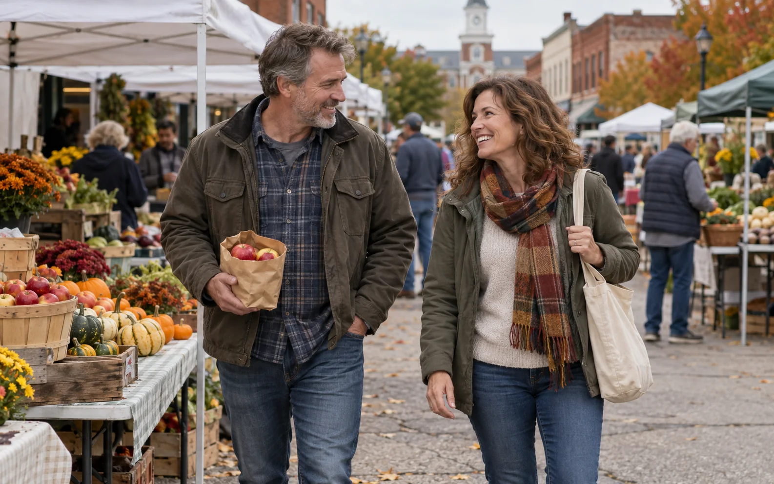 Two adults in their late forties talking as they walk through an Ohio fall farmers market