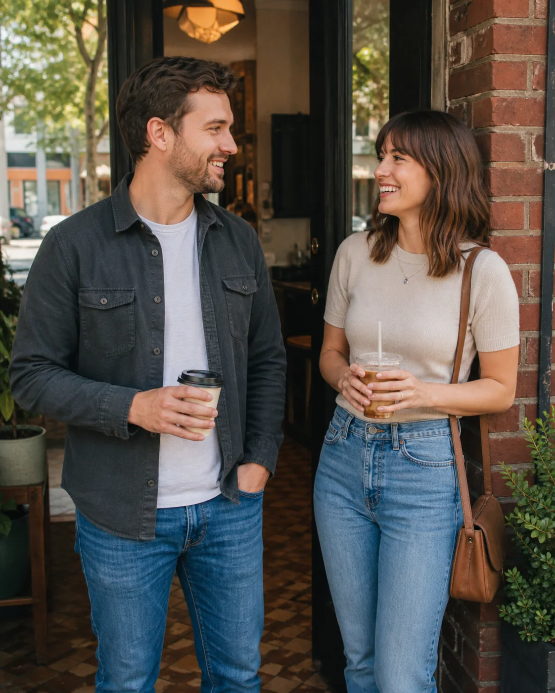 Two adults smiling together outside a neighborhood café