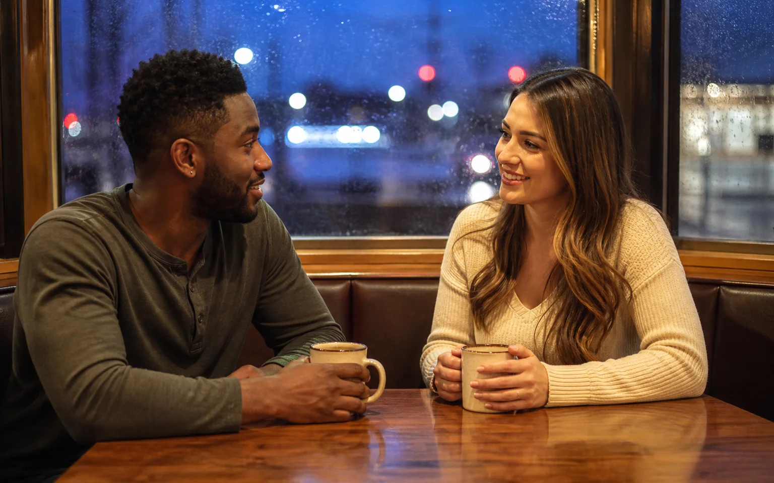 Two adults having a warm conversation in a neighborhood diner