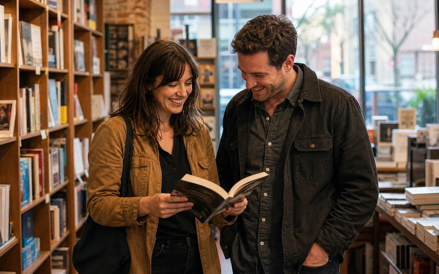 Two adults laughing over a book in an Ohio neighborhood bookstore