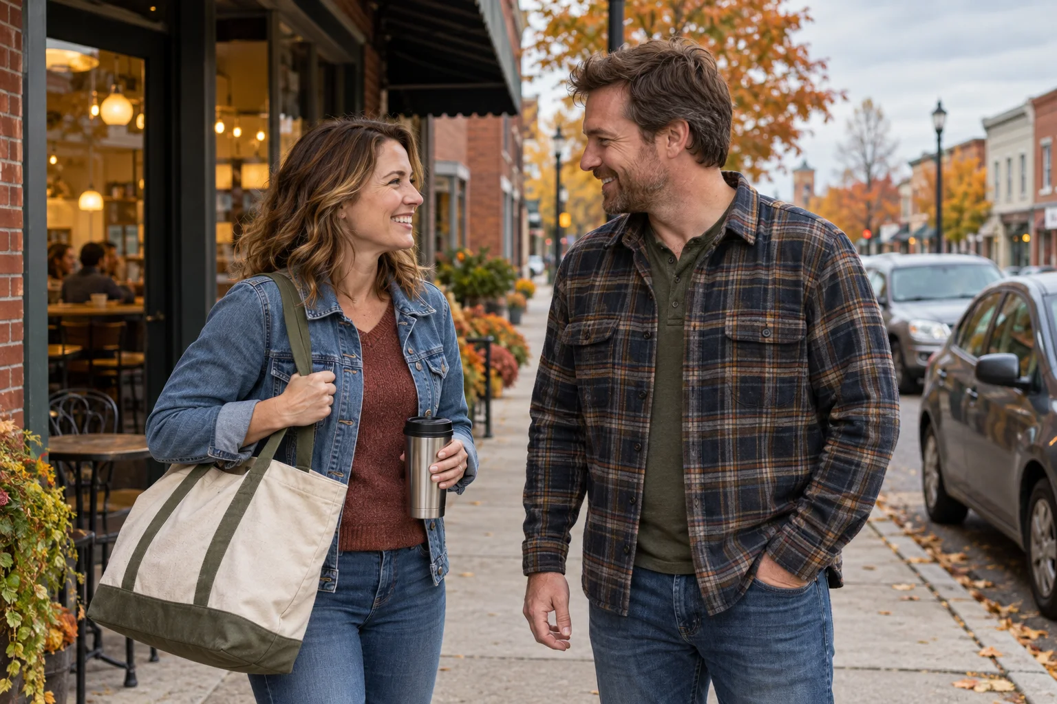Two adults greeting each other outside a brick café on an autumn Ohio-style main street