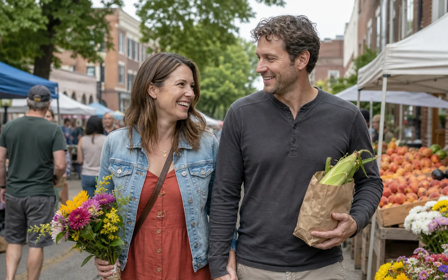 Two adults talking while walking through a neighborhood farmers market