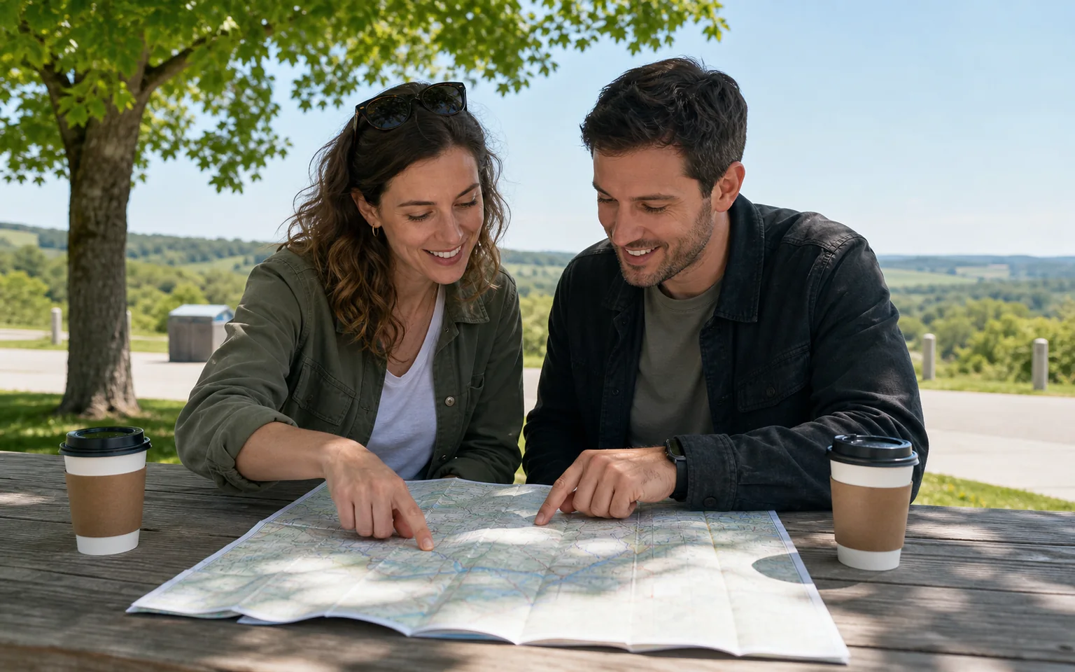 Two adults planning an Ohio date route over a paper map