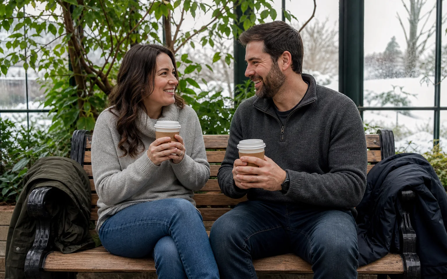 Two adults sharing warm drinks during a winter greenhouse date
