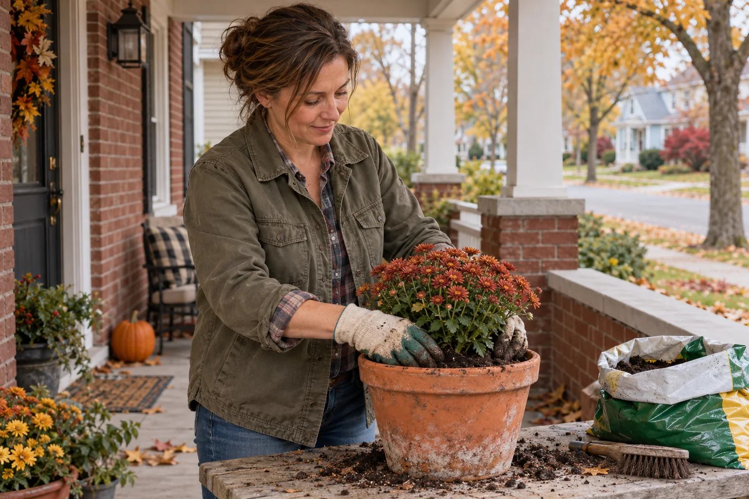 An adult woman planting autumn chrysanthemums on a lived-in Ohio-style front porch